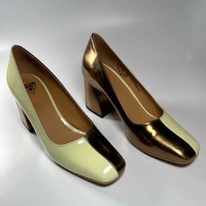 Fluevog Lucienne pump, gold and pistachio, size 9